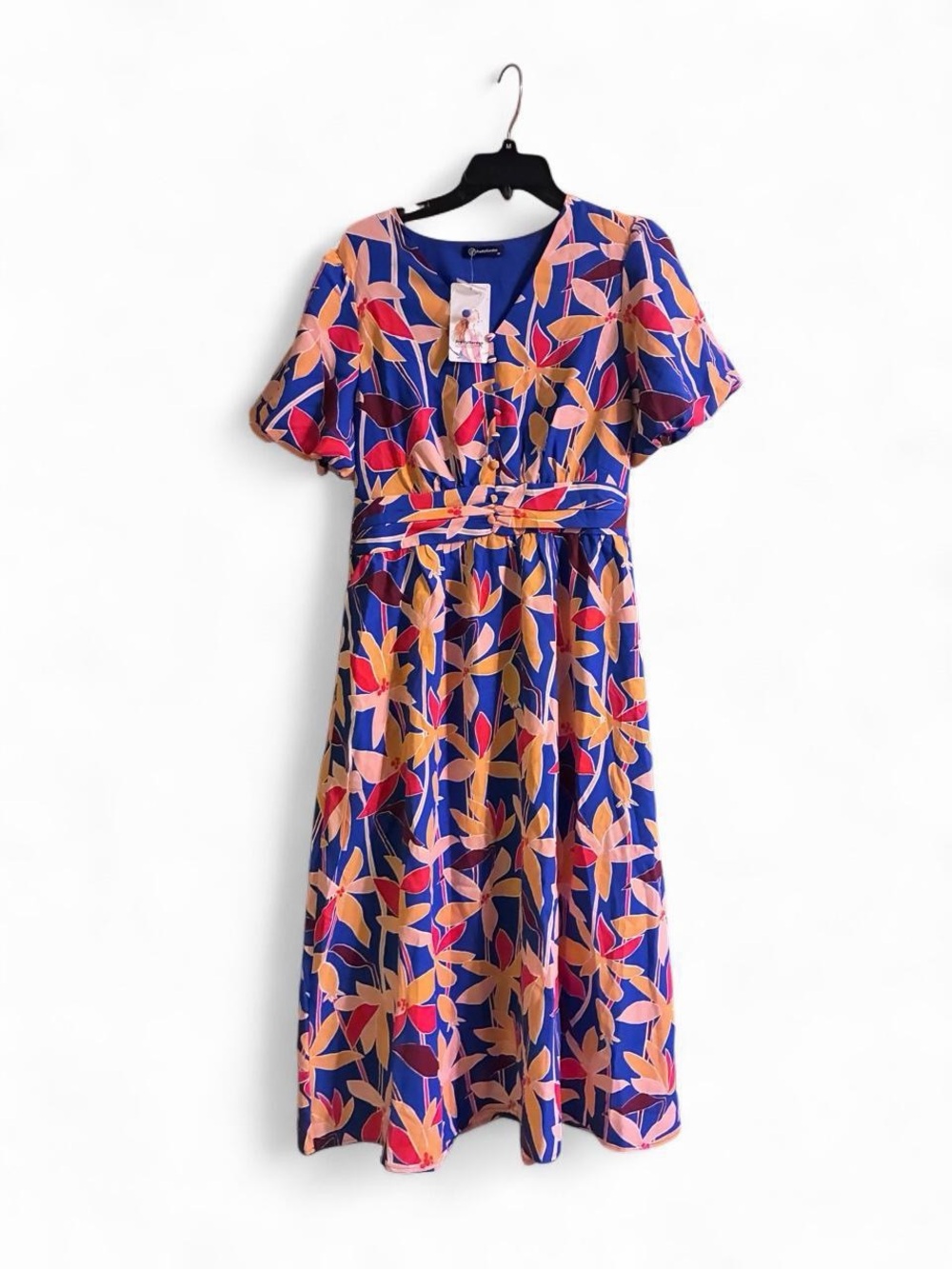 Woman Floral Belted Dress - Blue Pink Yellow